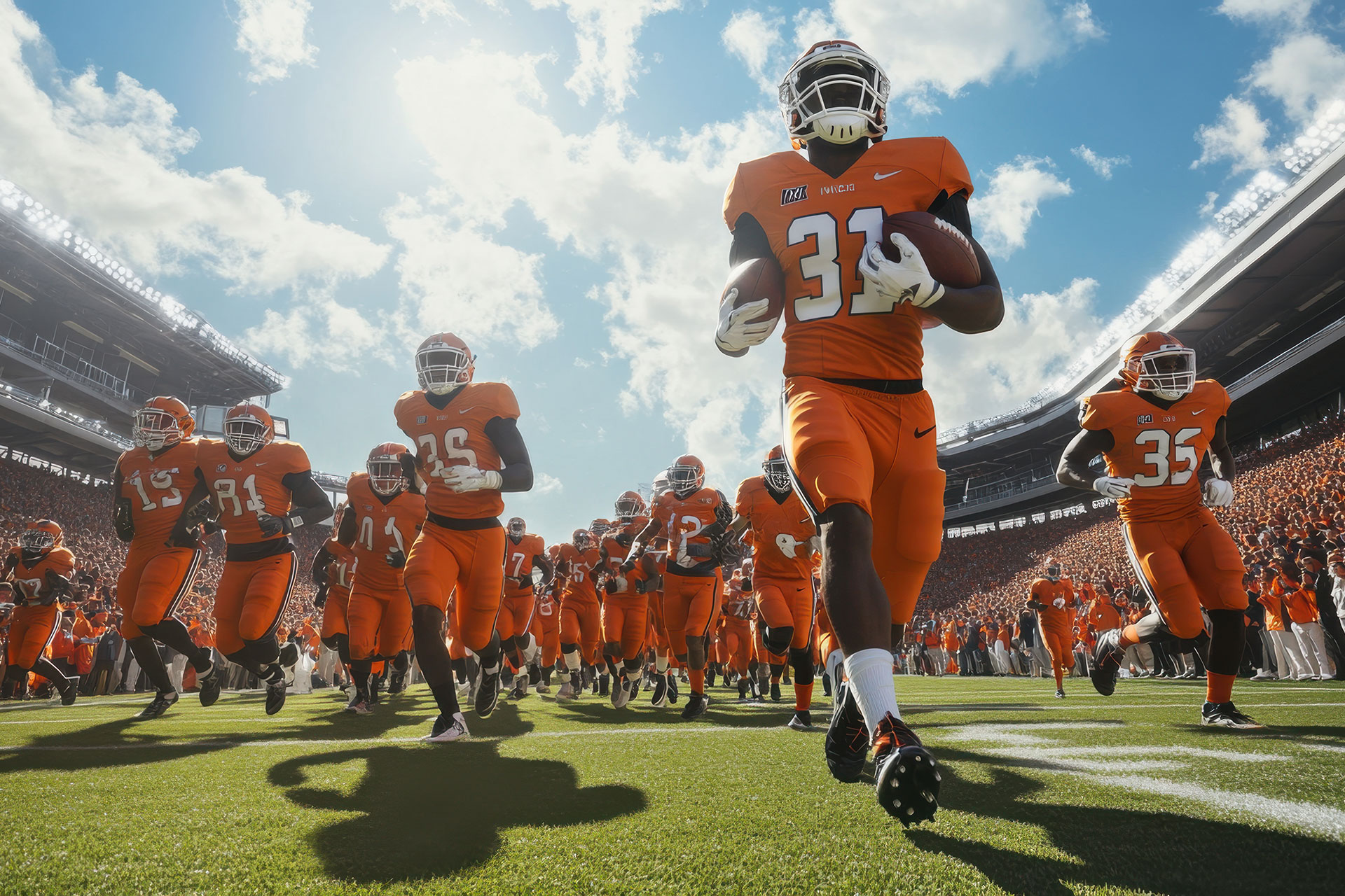 A college football team running across a football field in a stadium.