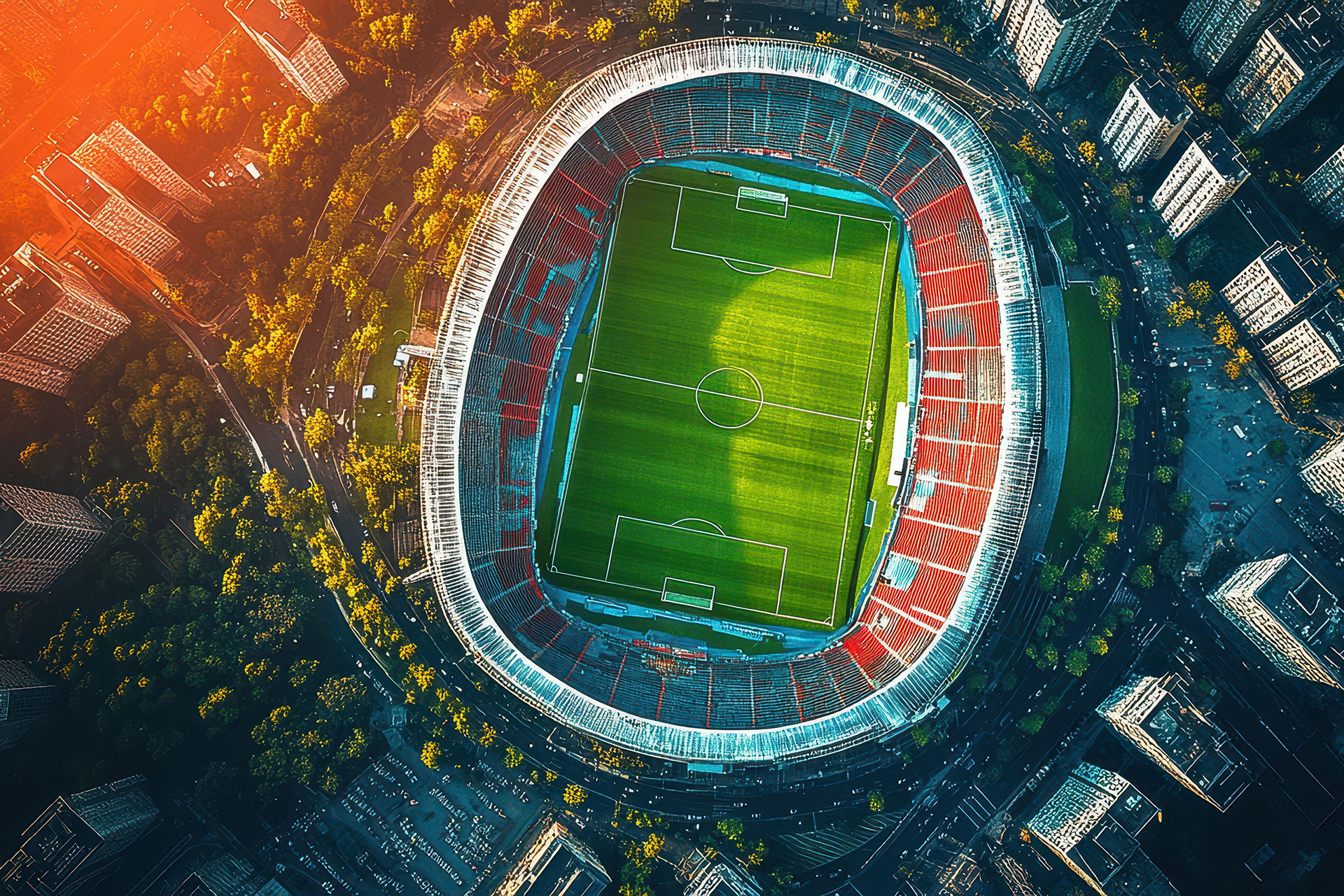 A stadium stands situated near apartment buildings in a city.