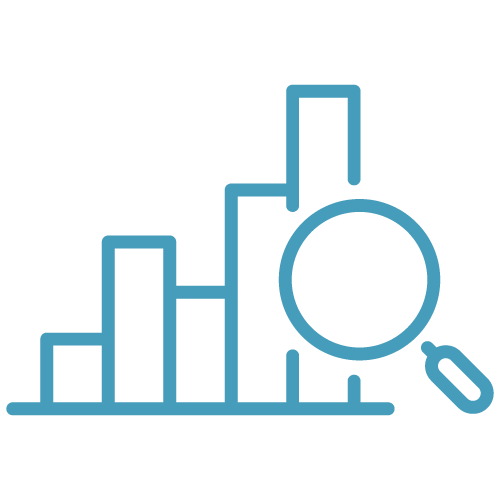 Icon of a growth chart with a magnifying glass.